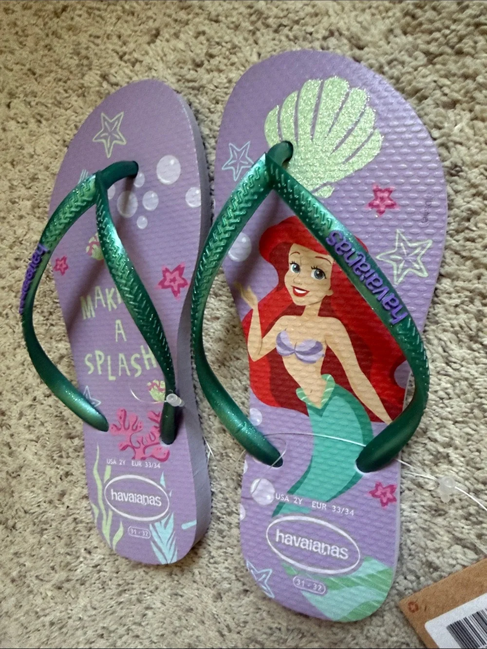 Havaianas Kids Purple Flip Flops with Green Straps - Ariel Design